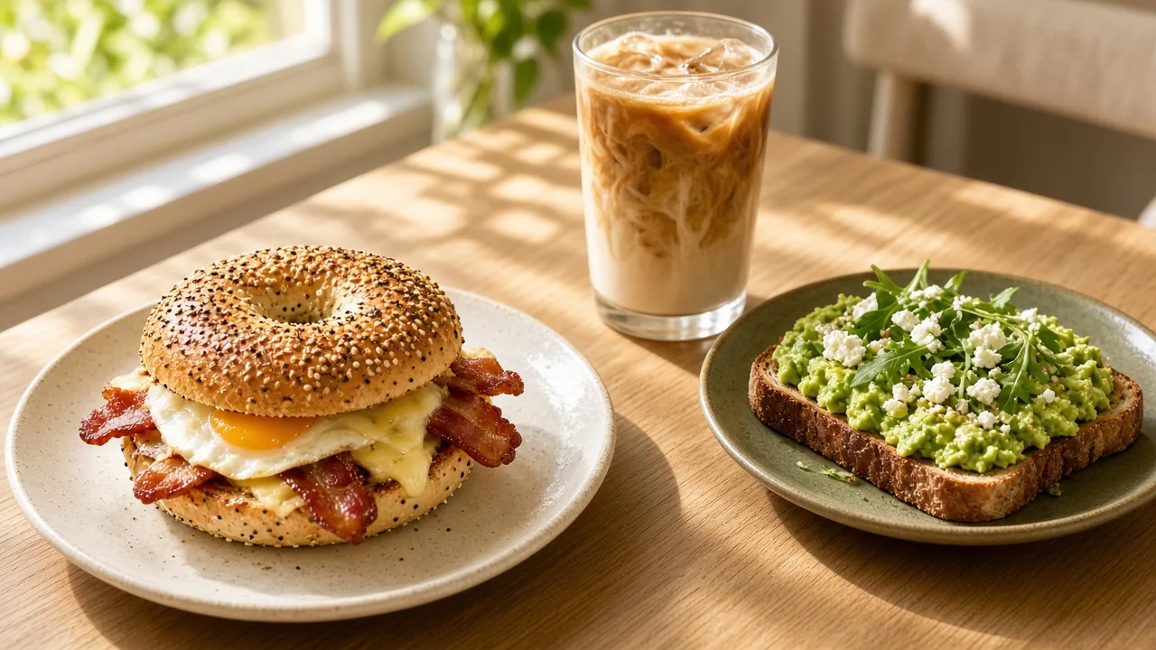 An everything bagel sandwich with egg, bacon and cheese, avocado toast topped with feta and arugula, and an iced latte on a sunny oak table